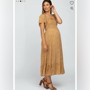PinkBlush Mustard Floral Smocked Maternity Maxi Dress